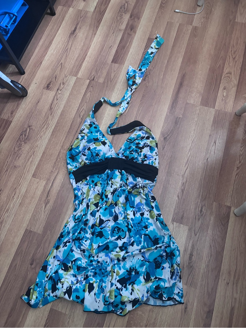 Speechless Blue Floral Halter Sundress with Black Waistband